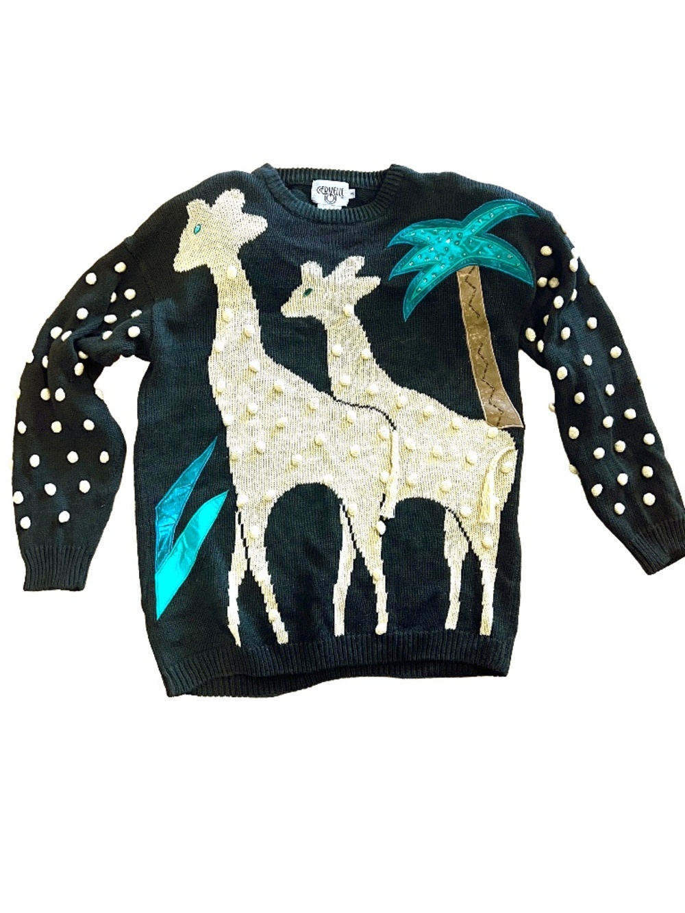 Vintage 80s Cervelle Giraffe Sweater with Pom Poms and Beading / Small